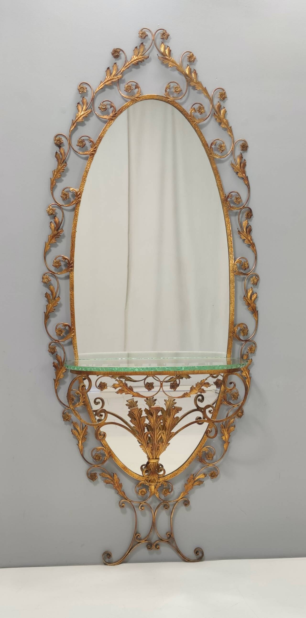 Entryway Mirror and Brass and Glass Console by Pierluigi Colli with Floral Frame