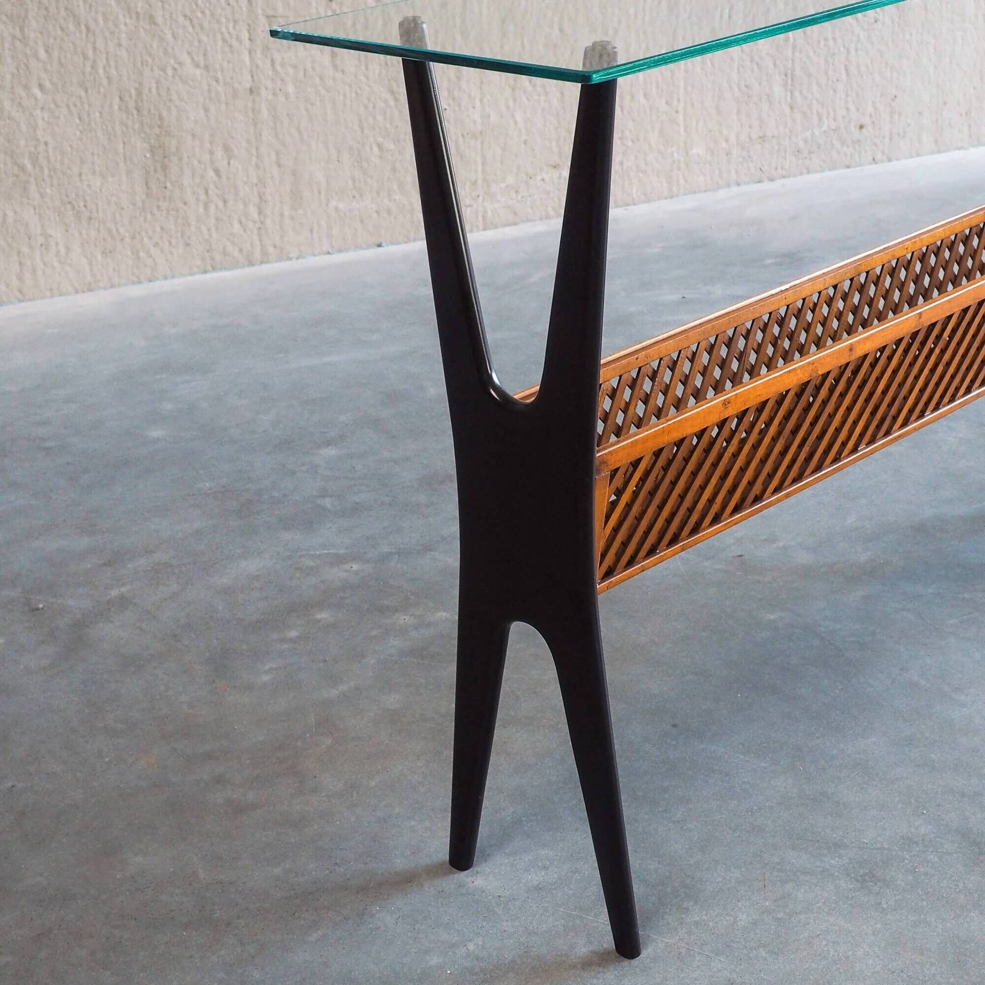 1950s Italian ebonized console table with glass top & lattice basket