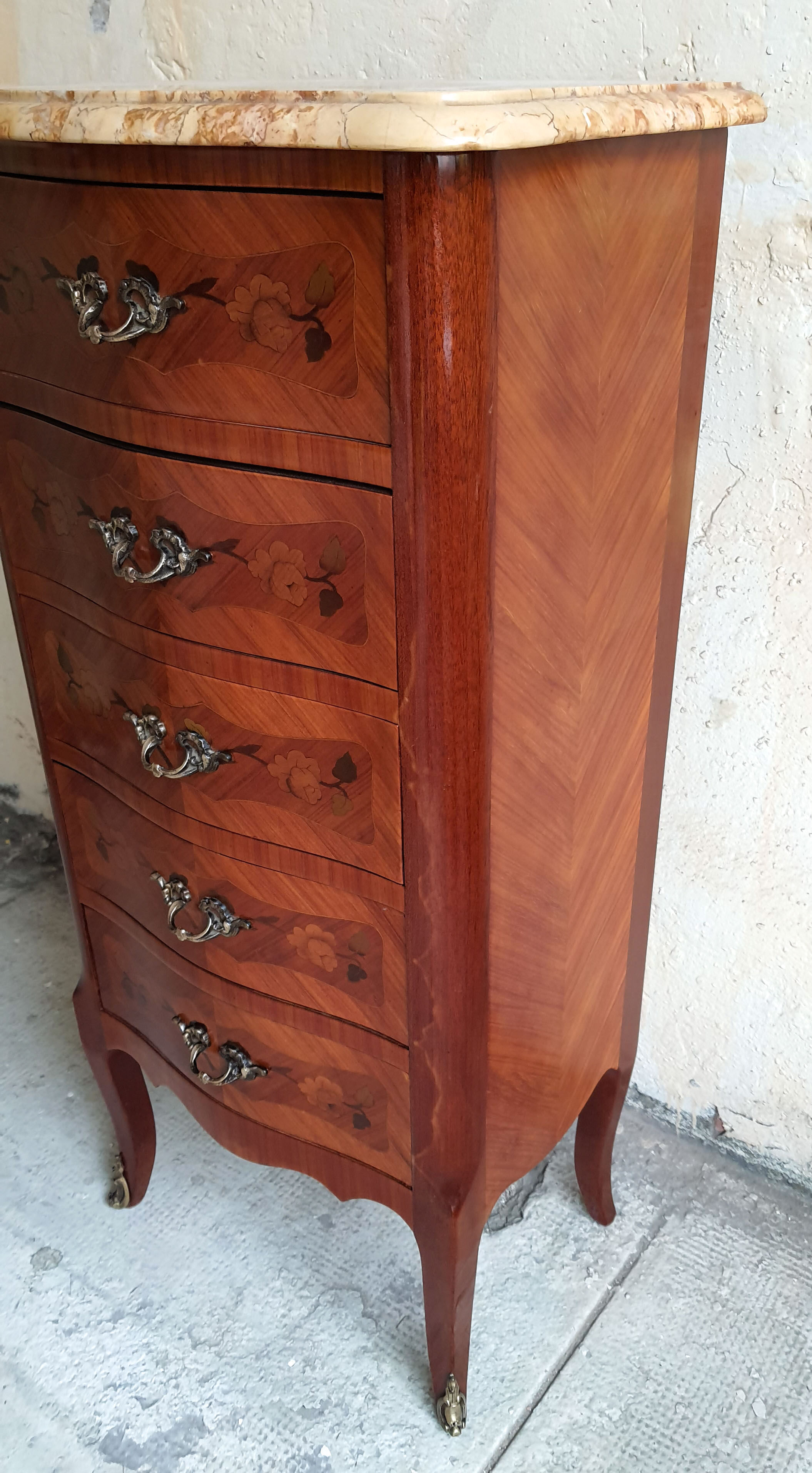 Chiffonnier Louis XV marquetry and marble