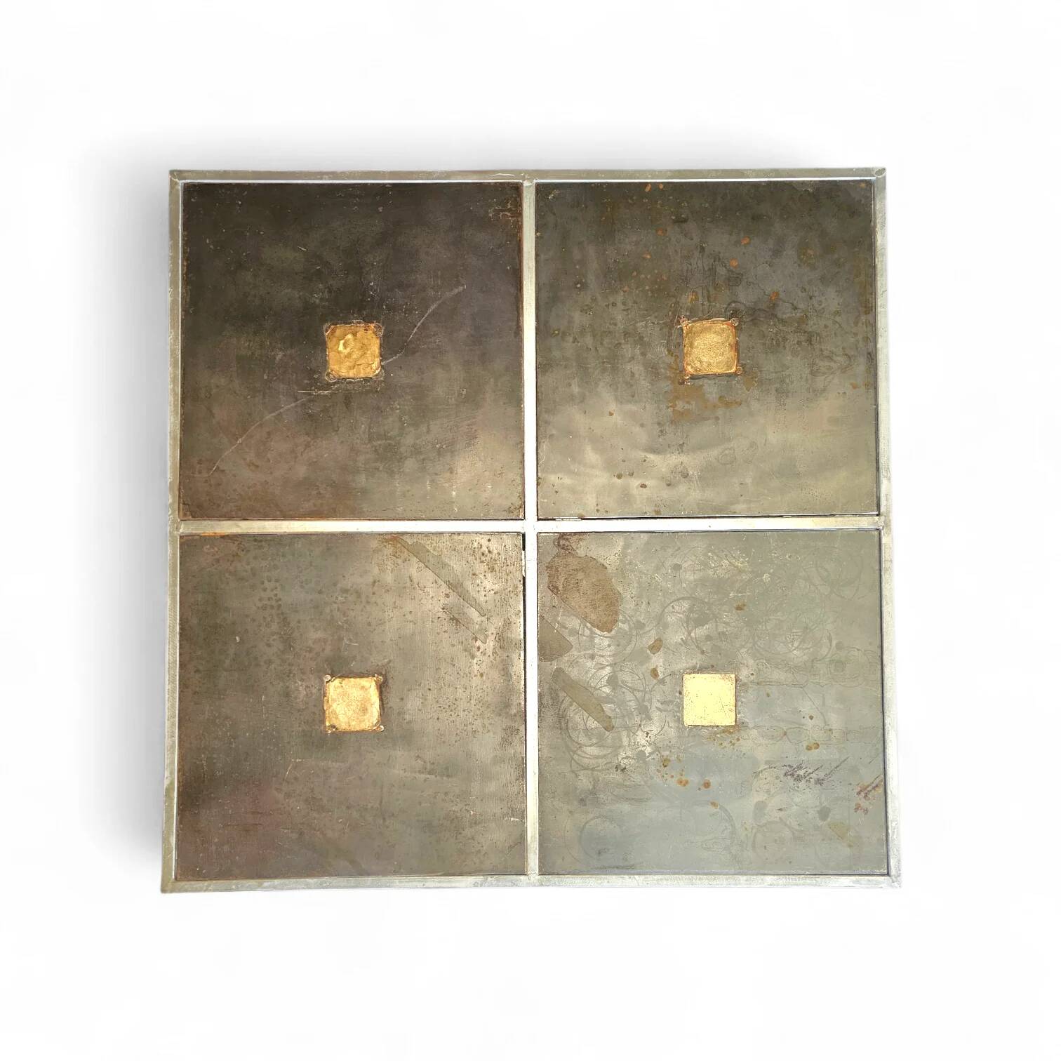 One of a kind brutalist coffee table 1980s with weighty metal / copper / steel tops