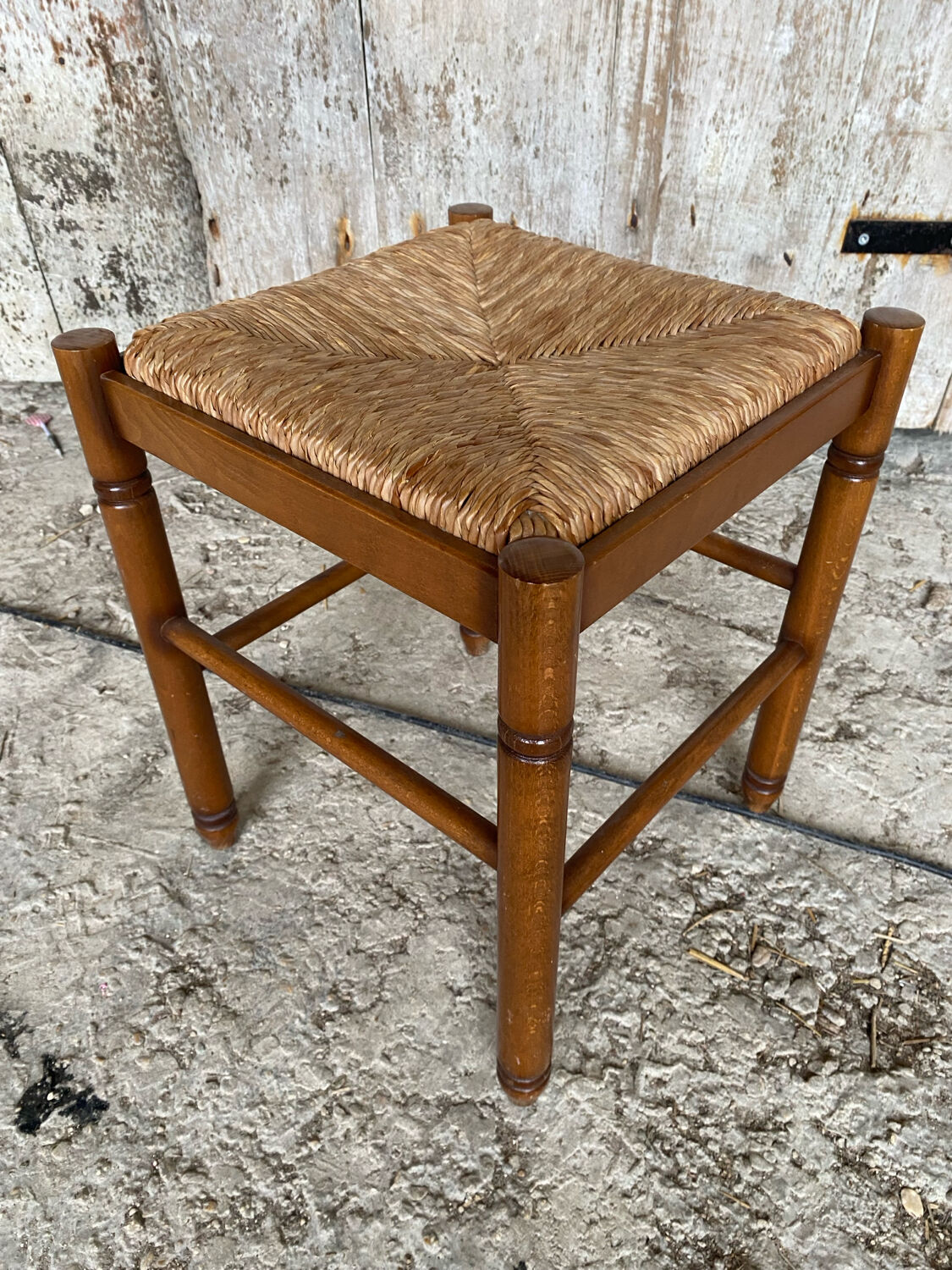 Vintage Wooden Stool with Woven Seat #D502