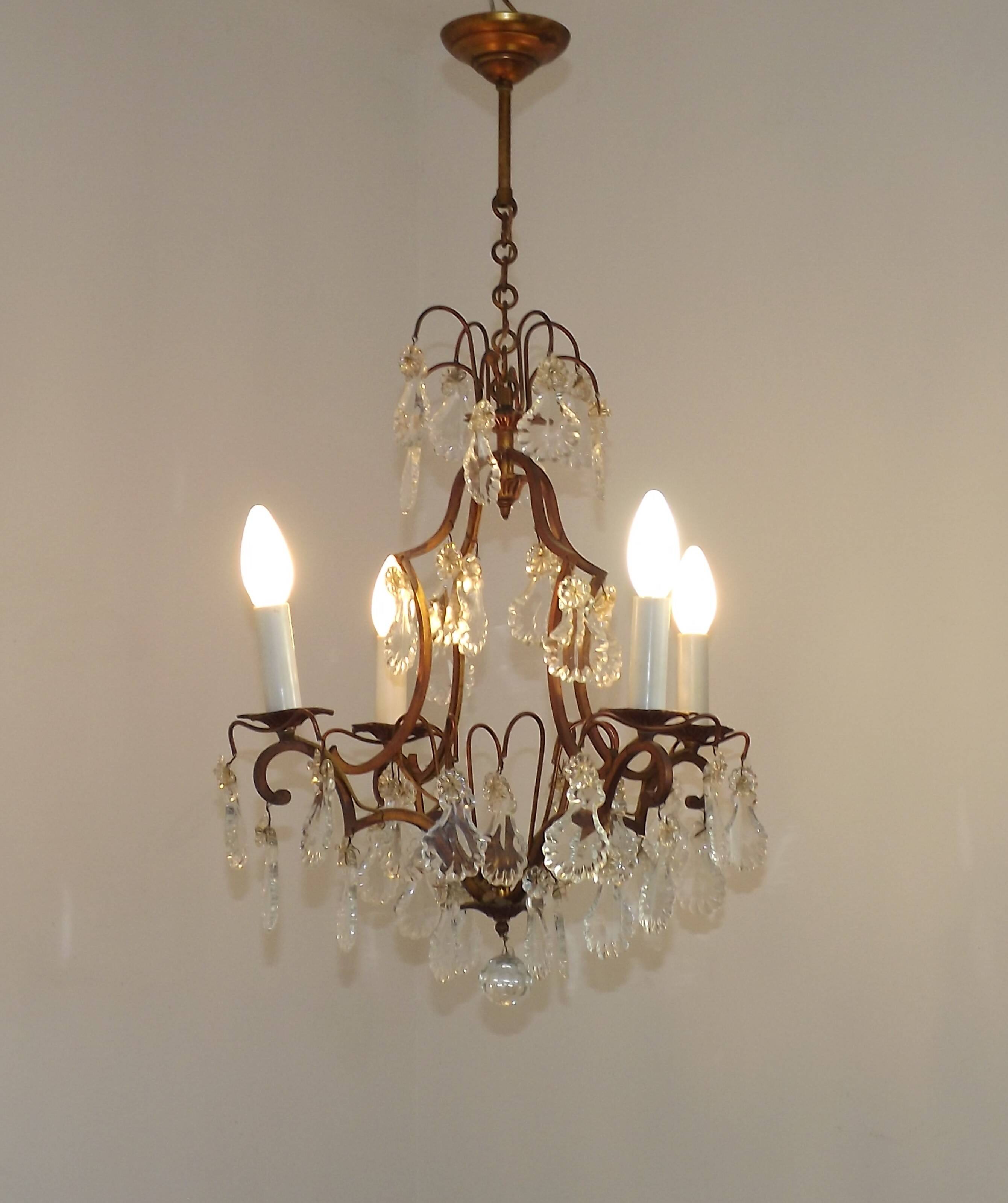 1940s French Vintage Bronze Glass and Crystal 4 Light Chandelier 4679