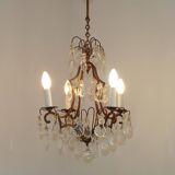 1940s French Vintage Bronze Glass and Crystal 4 Light Chandelier 4679