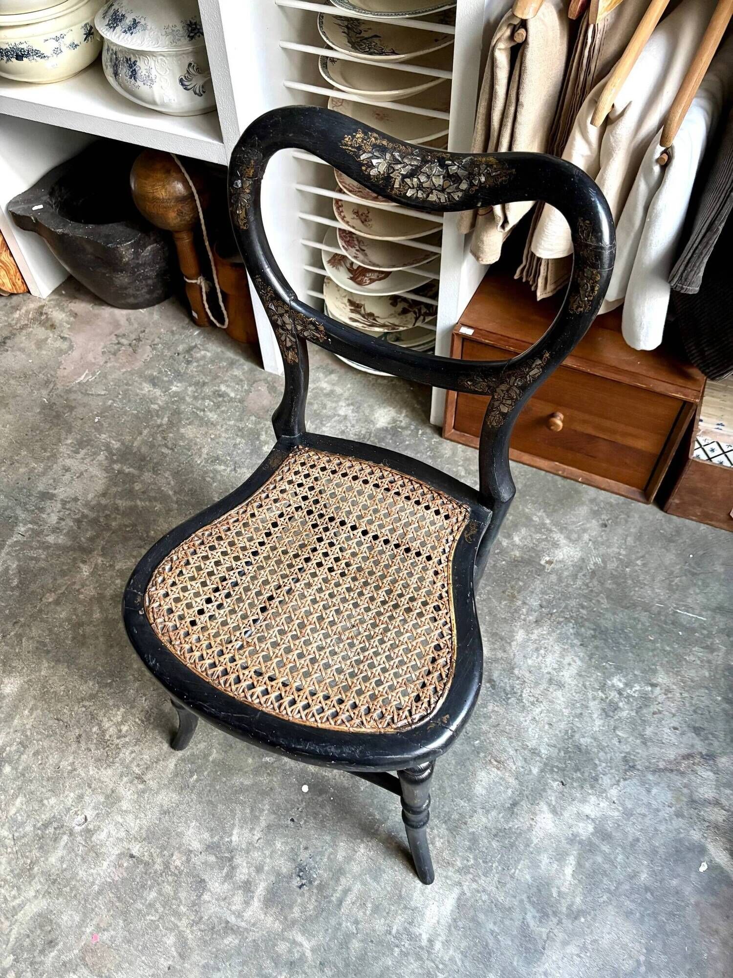 Napoleon III chair in black wood, mother-of-pearl and caning no. 1