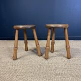 Pair of solid wood tripod stools with turned legs, 60s France
