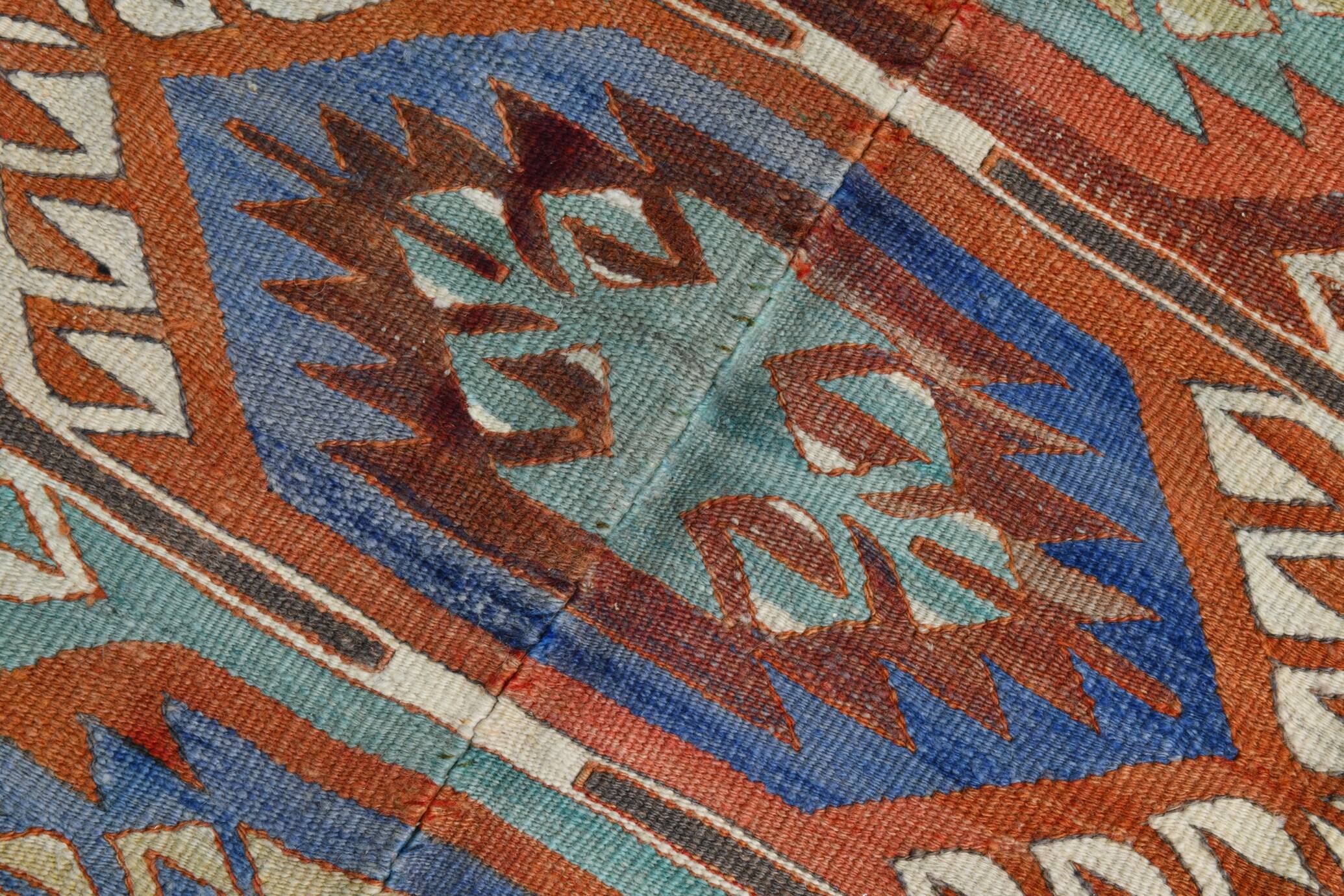 7x10 Green & Blue Geometric Pattern Kilim Rug, 222x303Cm