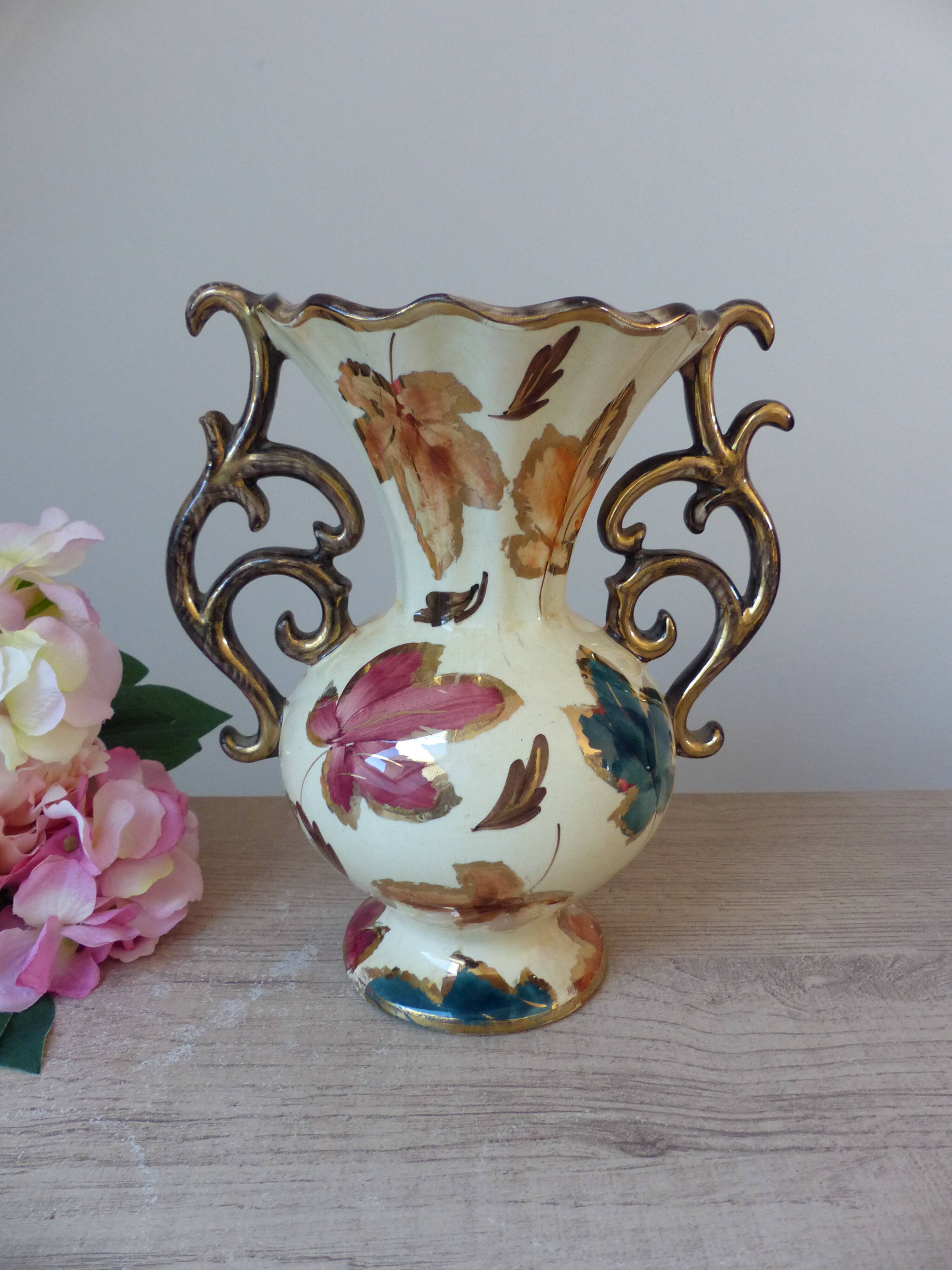 Vintage vase from Belgium signed – 1950s ceramic, decorated with coloured leaves.