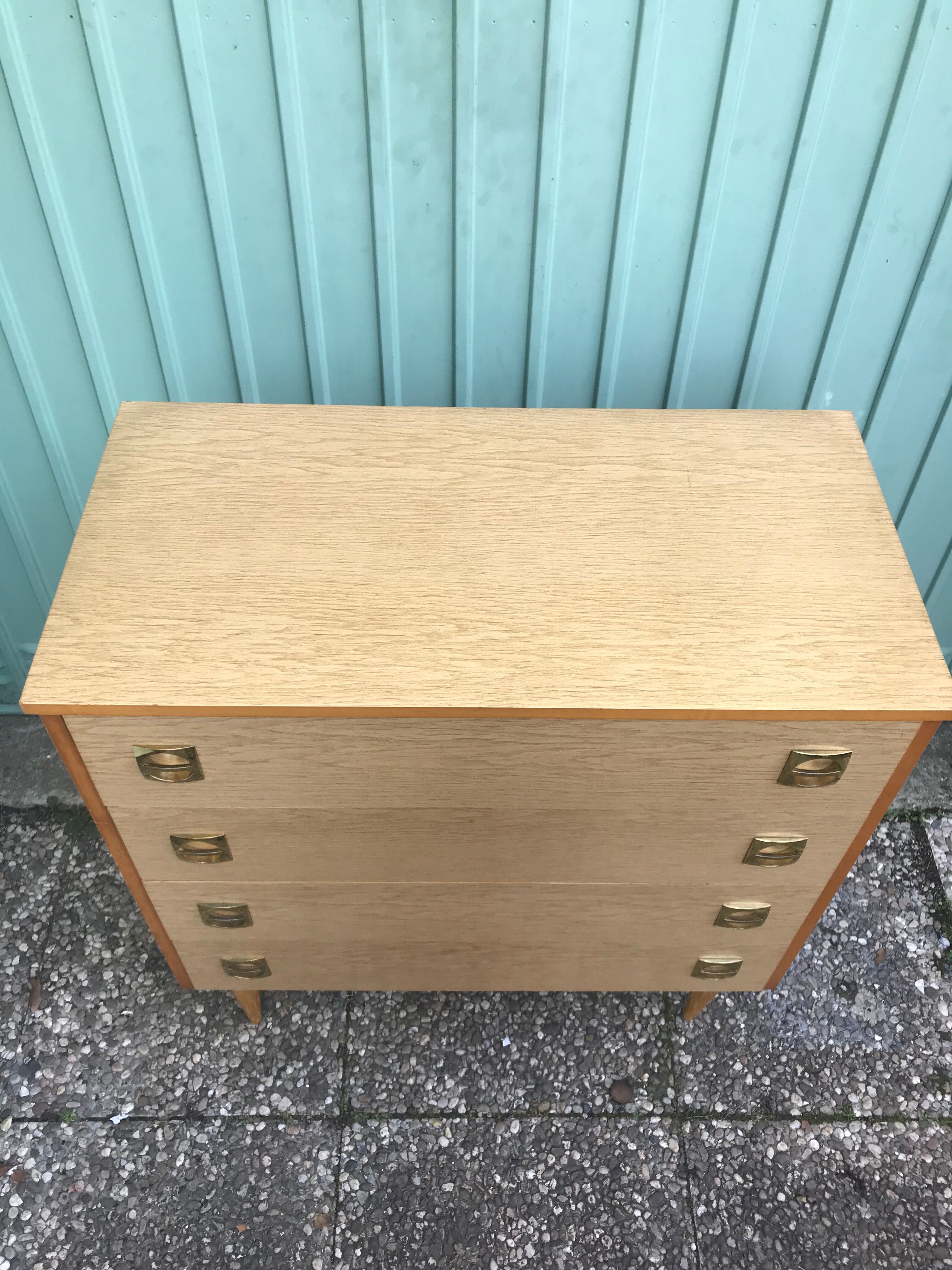 Old wooden chest of 4 drawers - handles brass feet compass 70s vintage