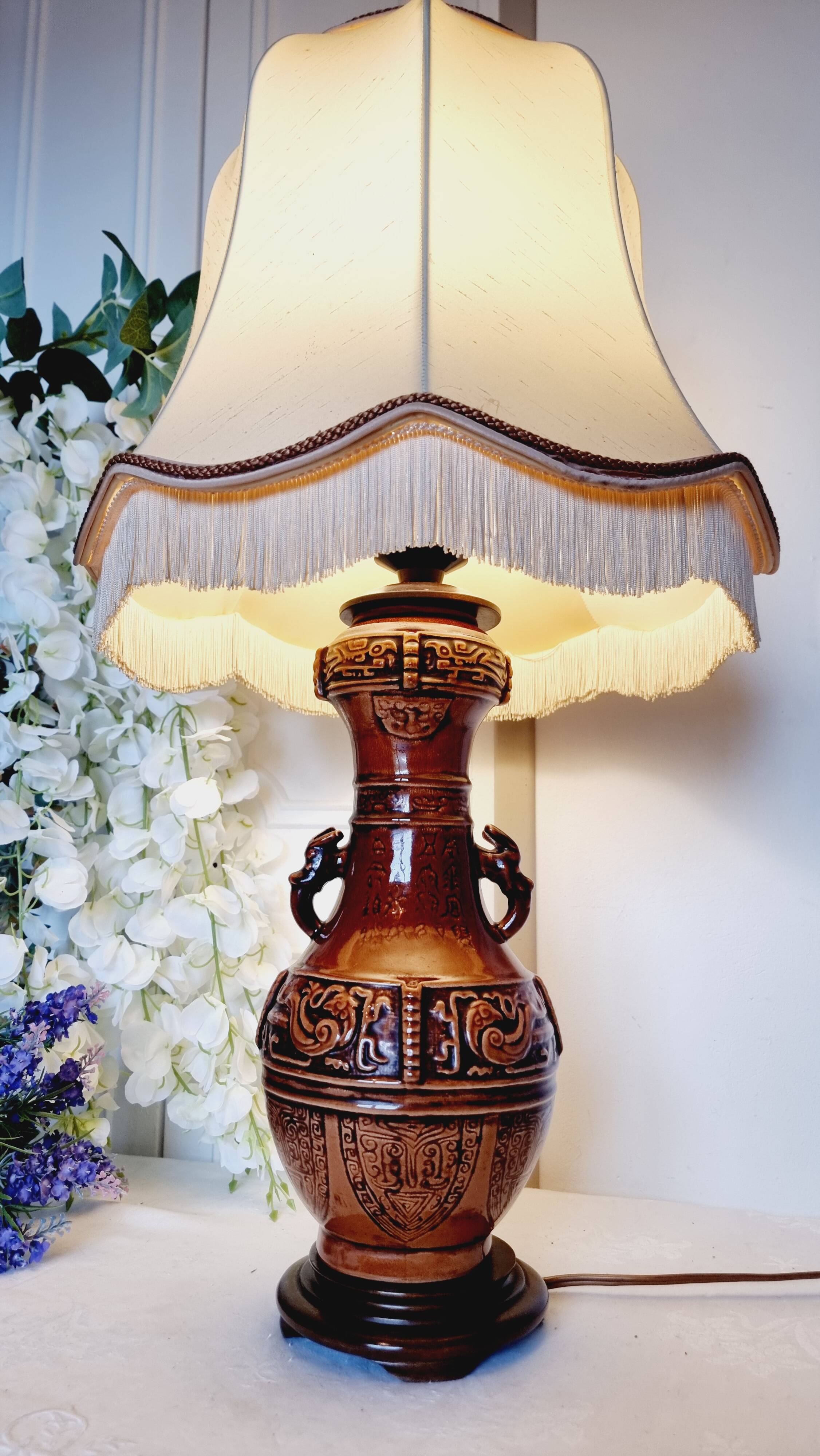 Large vintage table lamp in glazed ceramic, Oriental style 50s-60s.