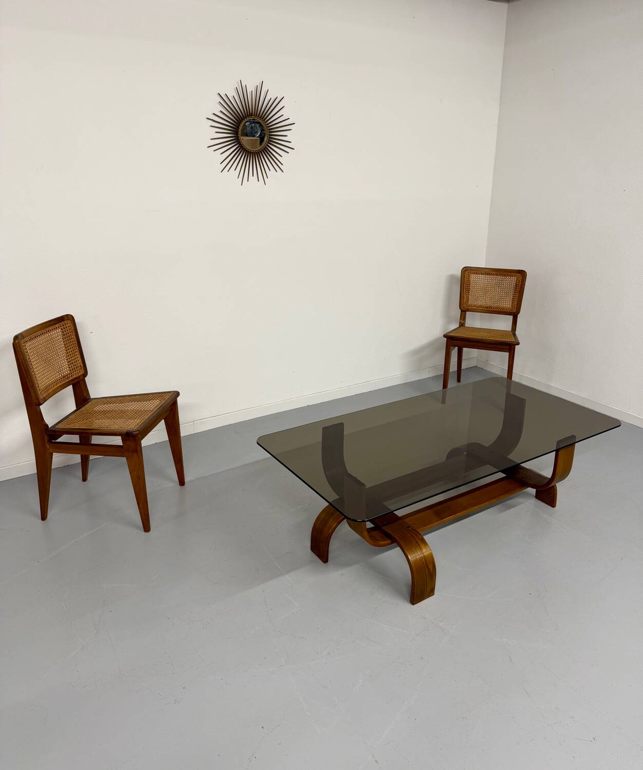 Vintage Fubo coffee table, 1970s design, made of bent wood and smoked glass