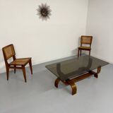 Vintage Fubo coffee table, 1970s design, made of bent wood and smoked glass