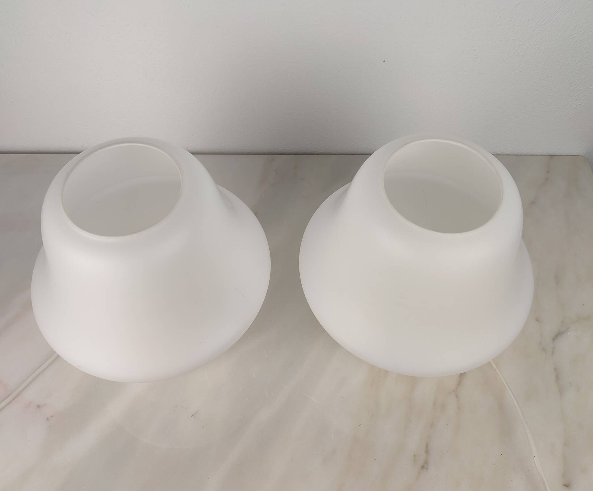 Pair of vintage opaline glass lamps by Hustadt Leuchten in the shape of mushrooms.