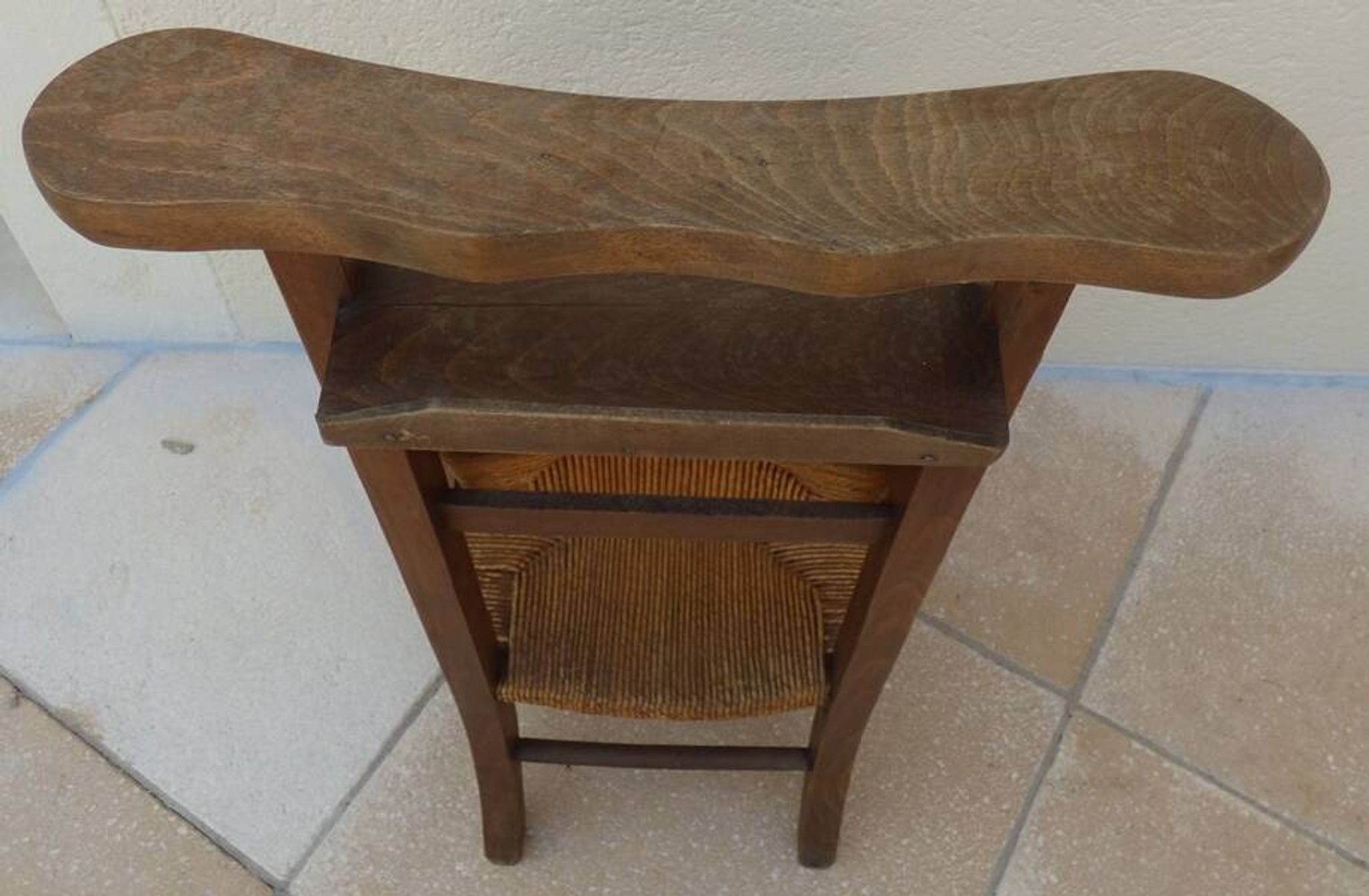 Chaise de prière vintage en bois, paille tressée double, siège relevable