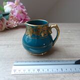 Ancien petit pot à crème Sadler en céramique bleu vert motif doré, pot à lait crémier anglais
