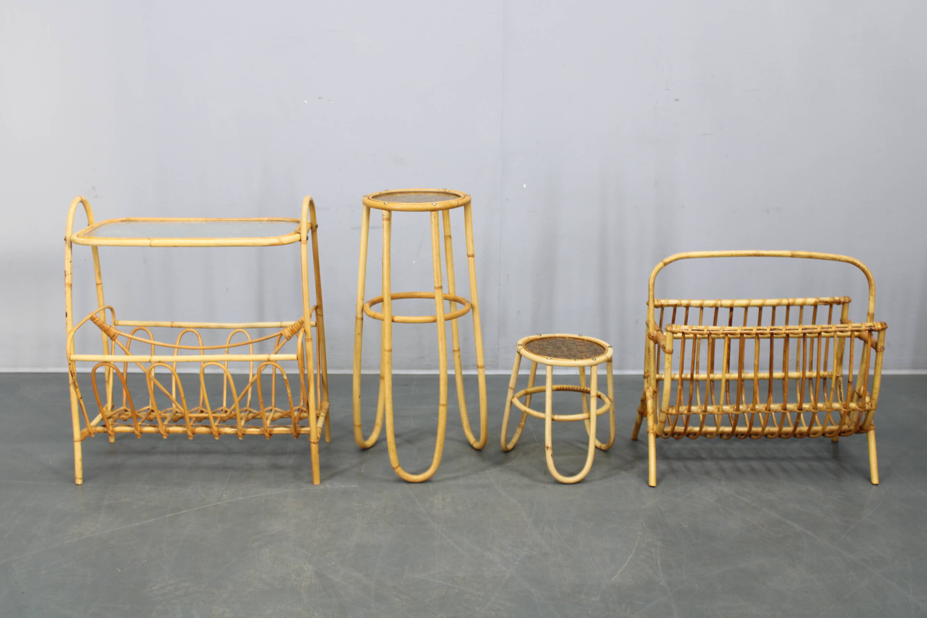 Mid-century European rattan accessories set with tables and magazine racks, 1960s