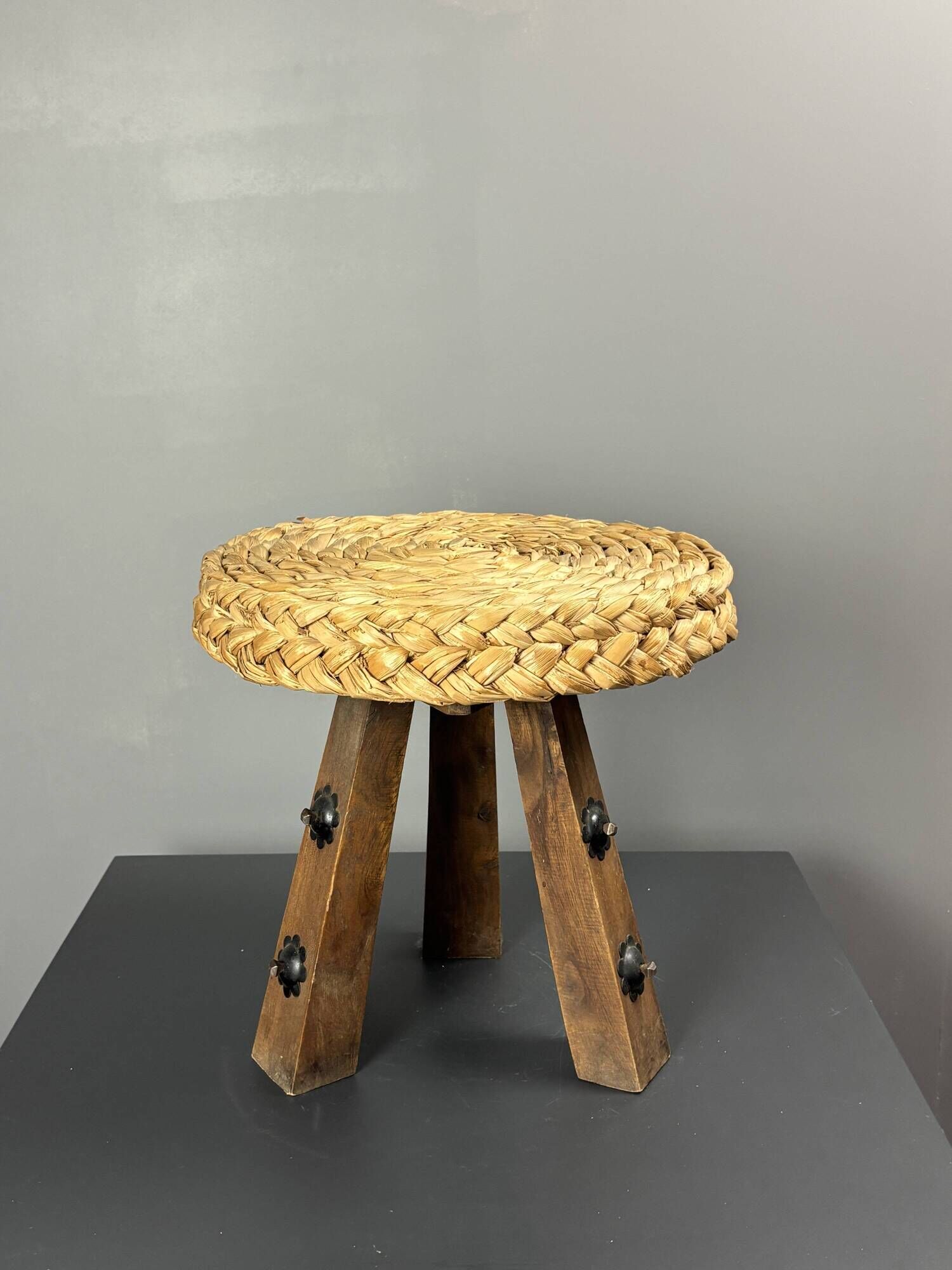 Midcentury braided rope tripod stool in the style of Audoux & Minet, 1950s
