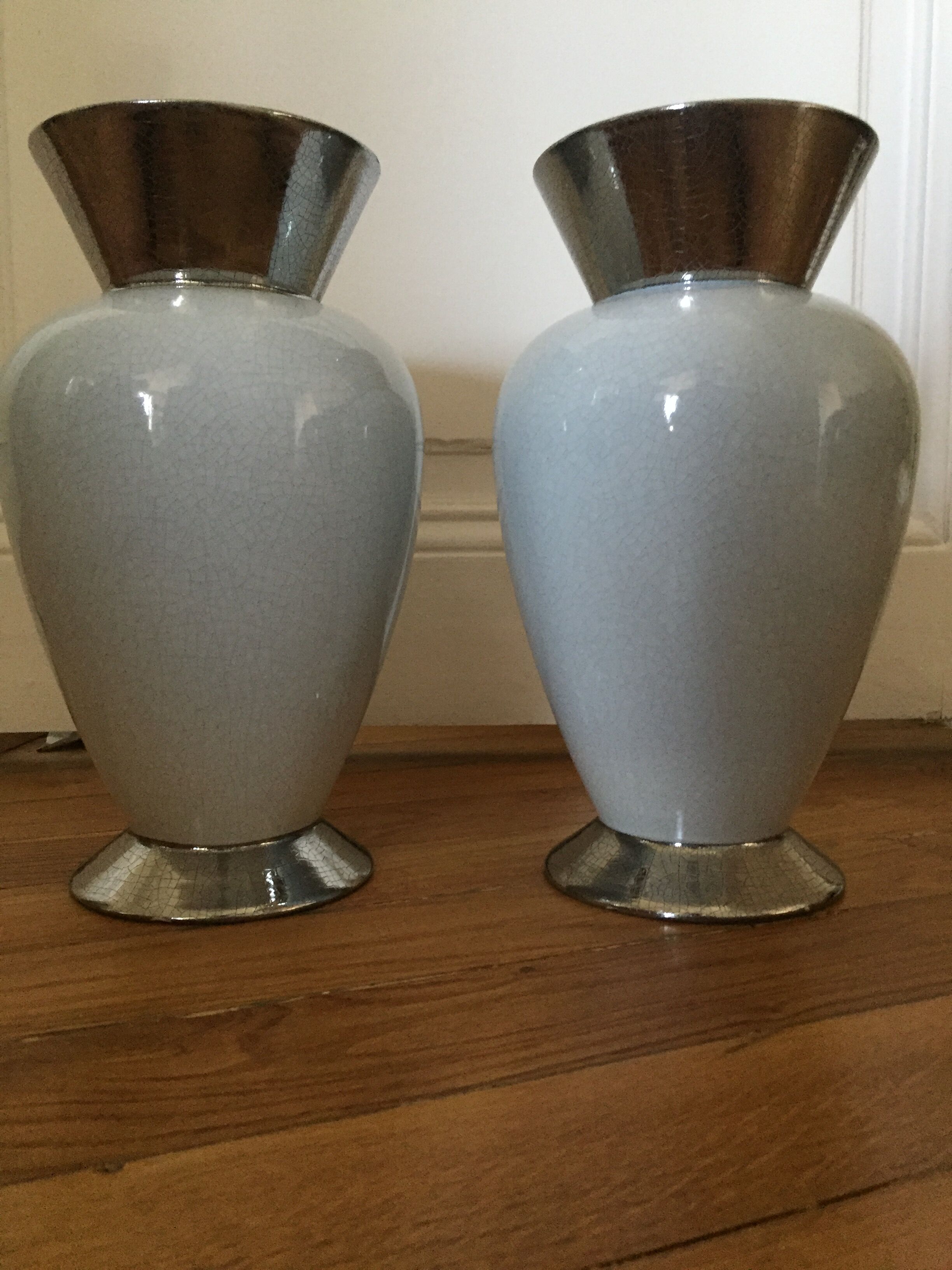 Pair of white and silver vases style cracked enamel