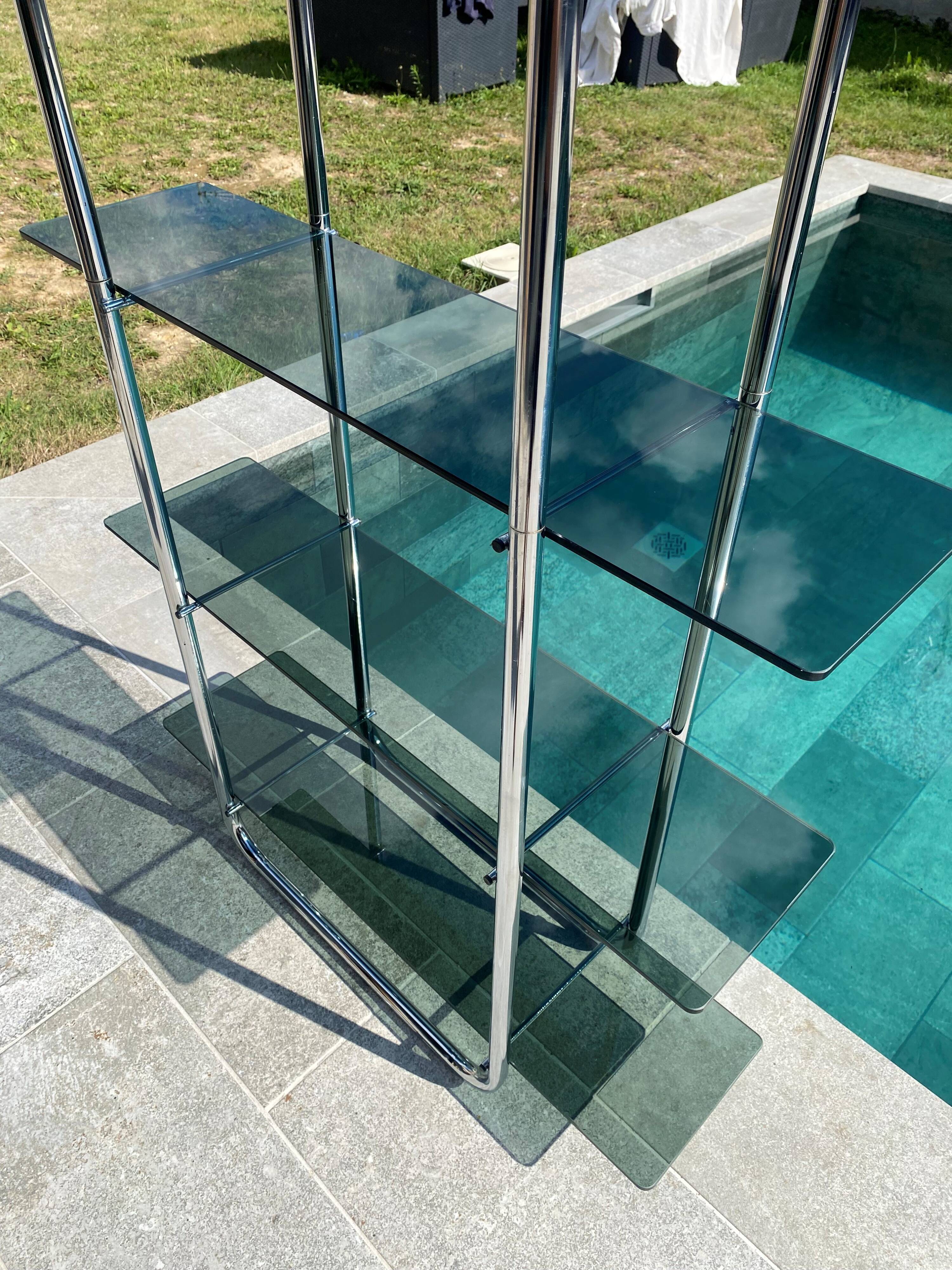 Bauhaus style bookcase with modular wall shelf, glass and chrome