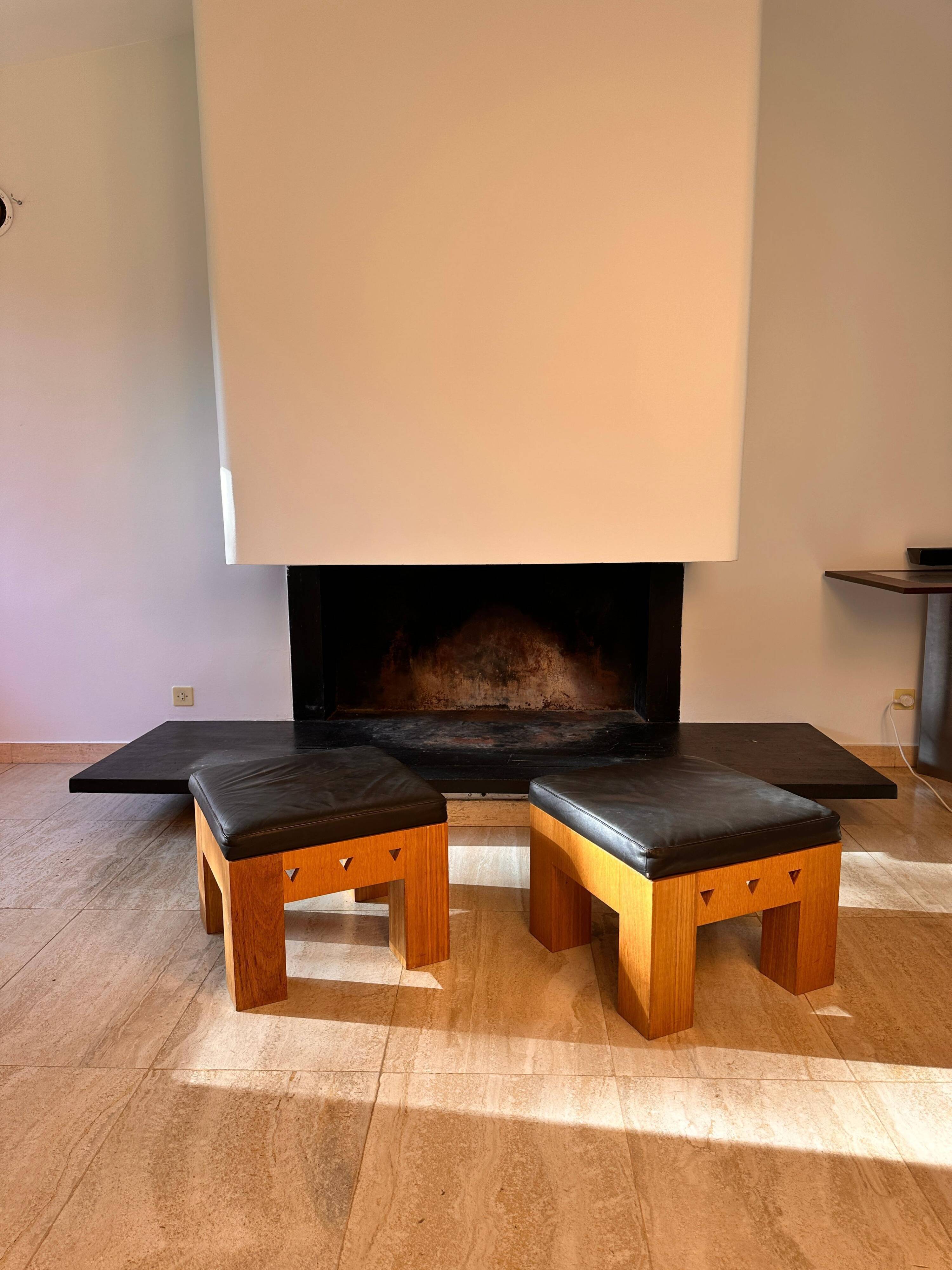 Pair of Low Wooden Stools with Leather Seats, 1970s