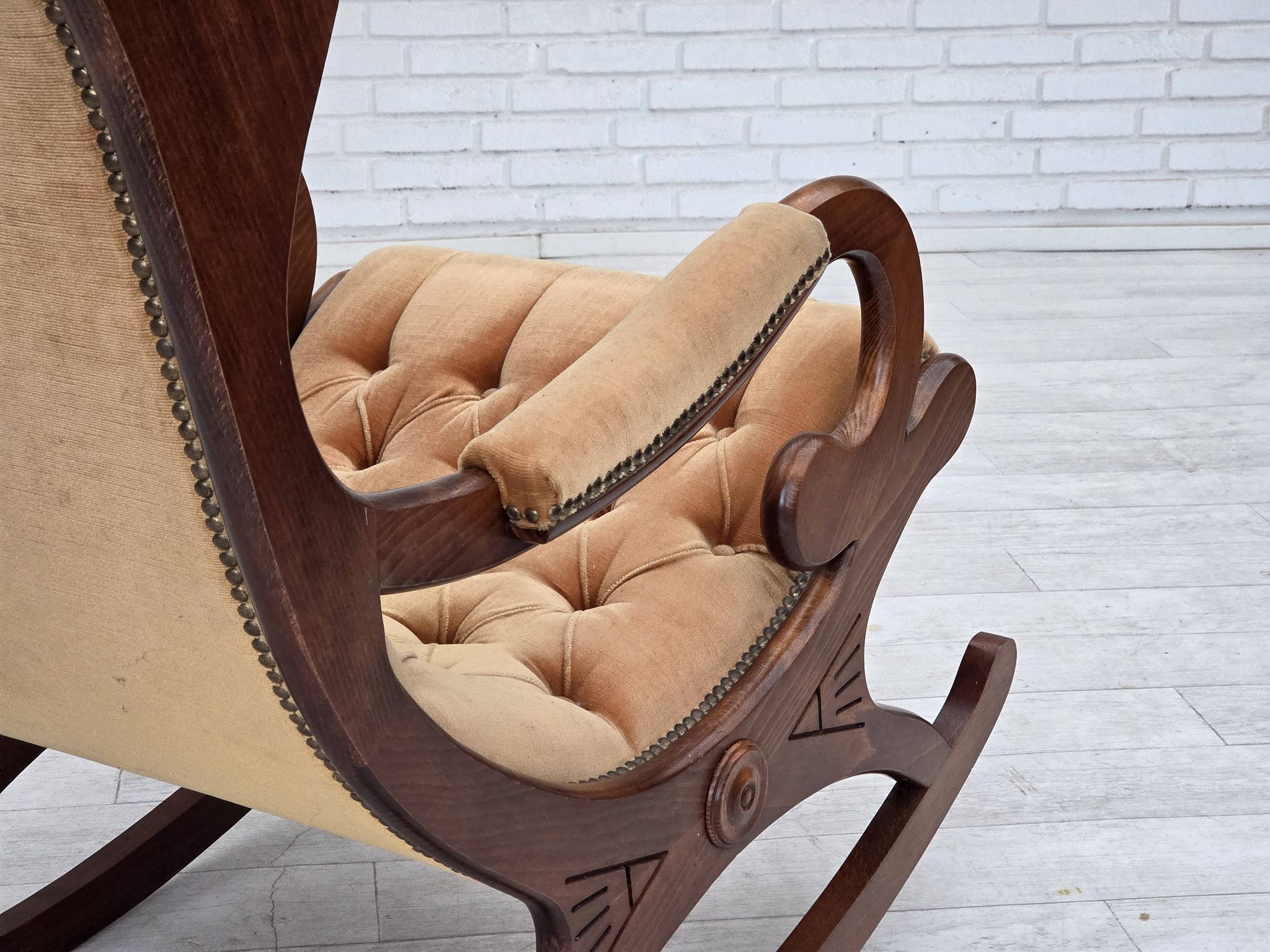 1960s, Scandinavian rocking chair, furniture velour, dark beech wood.