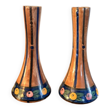 Paire Vases Soliflore Faïence HB Quimper Décor Art Déco 1930 Signé