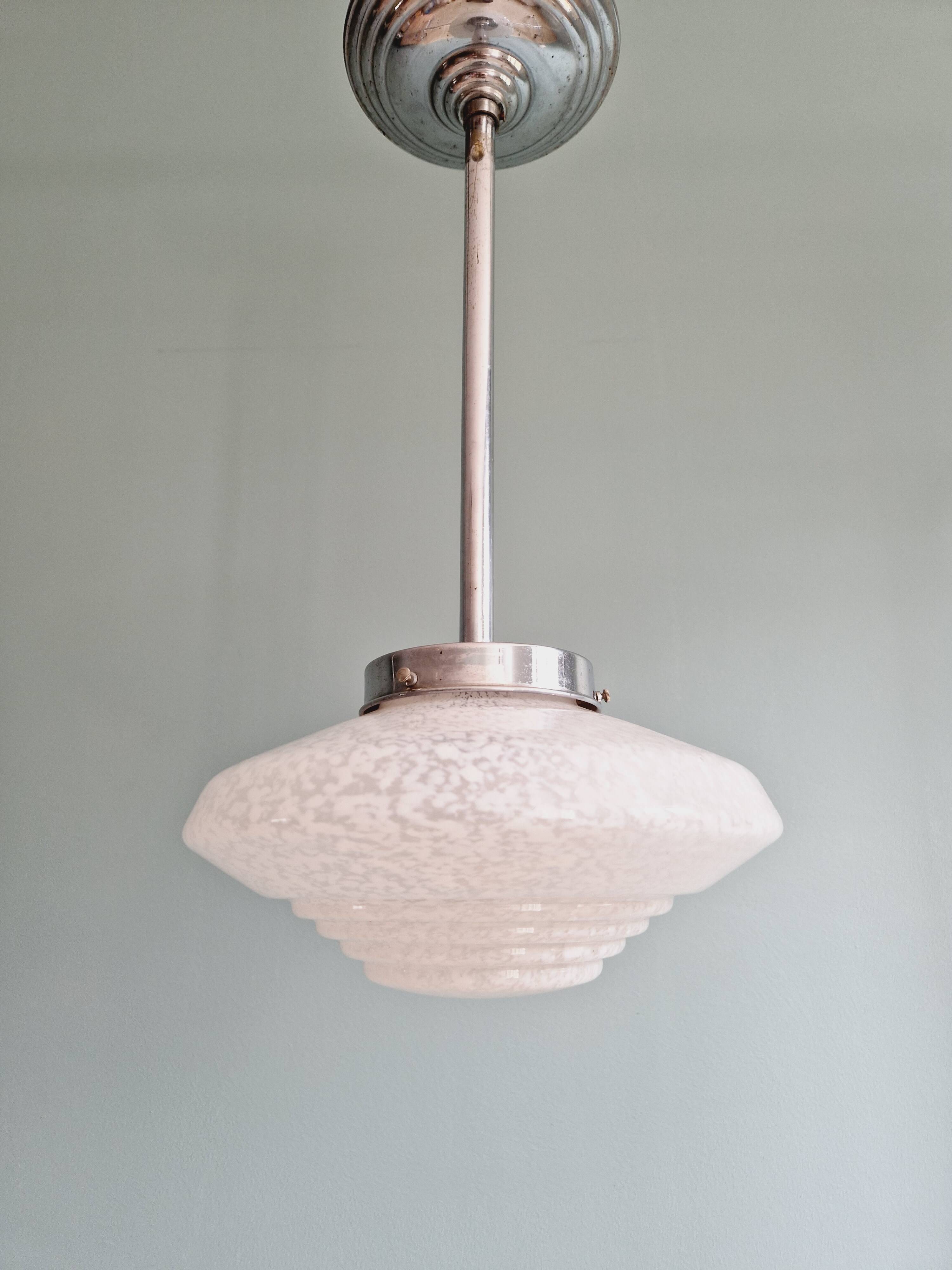 Art Deco pendant light in white speckled glass, 1930s
