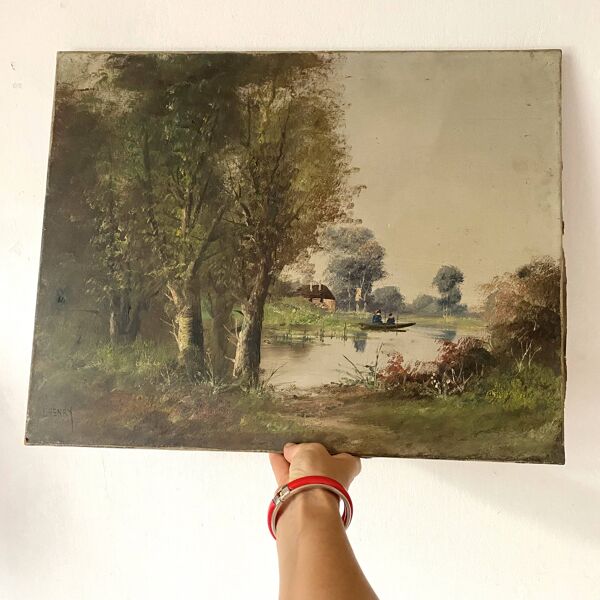 Peinture sur toile ancienne au bord de l'eau ,  barque