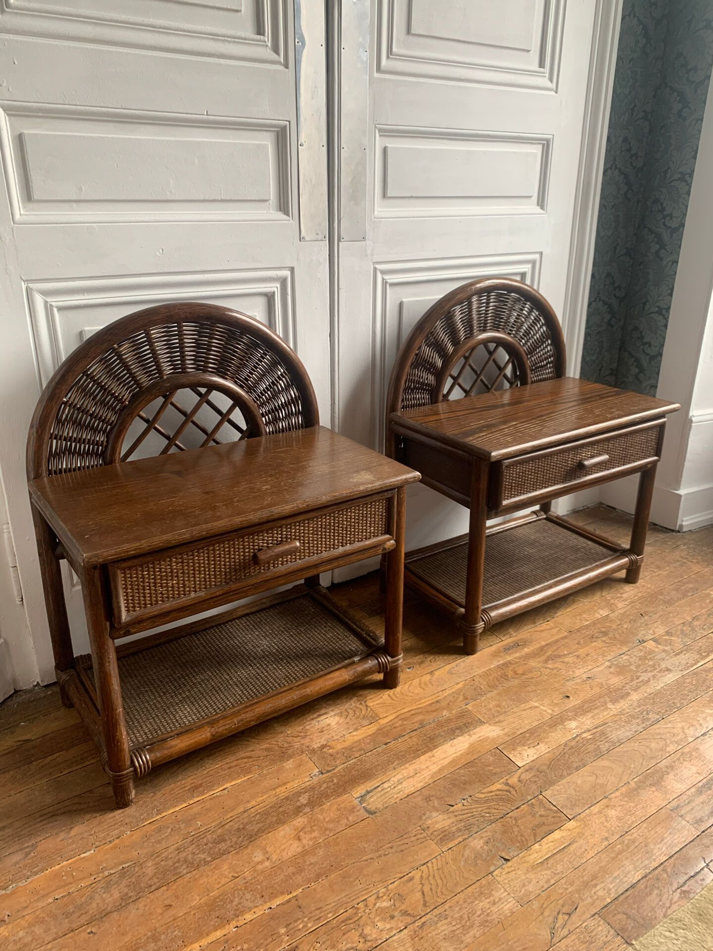 Pair of rattan bedside tables
