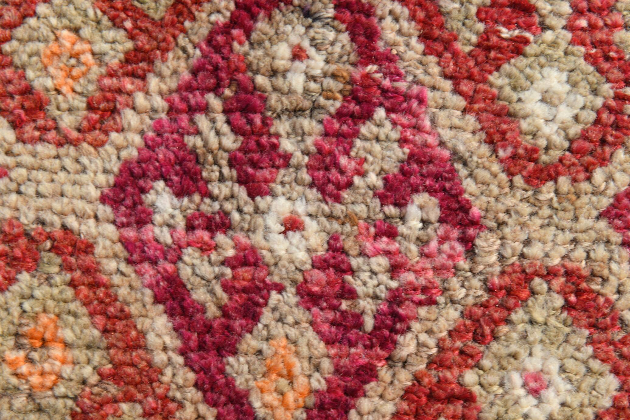 Tapis de Couloir Turc Vintage, Laine Rouge & Beige Géométrique, 83x388 Cm