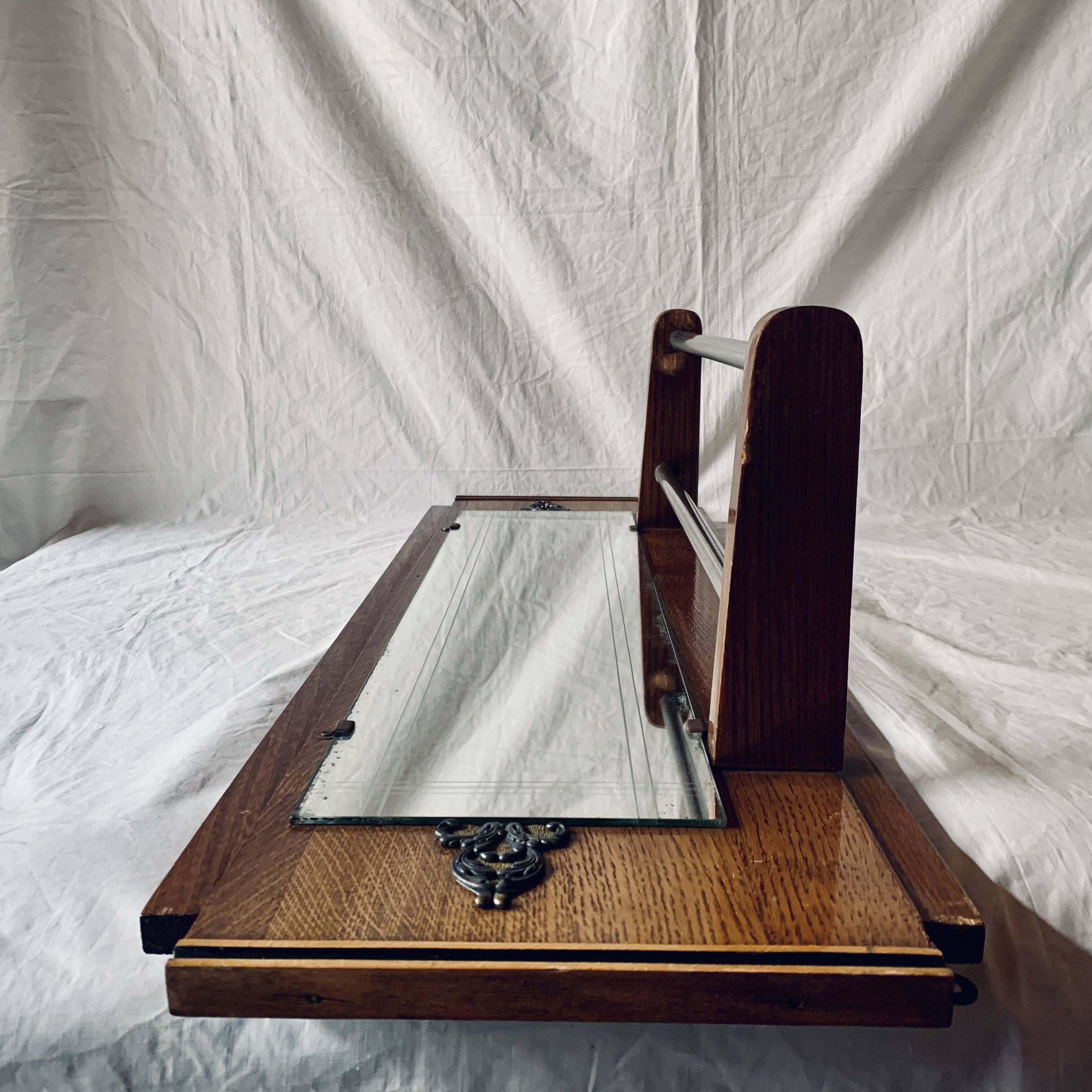 Art Deco wooden hat rack wall shelf with mirror