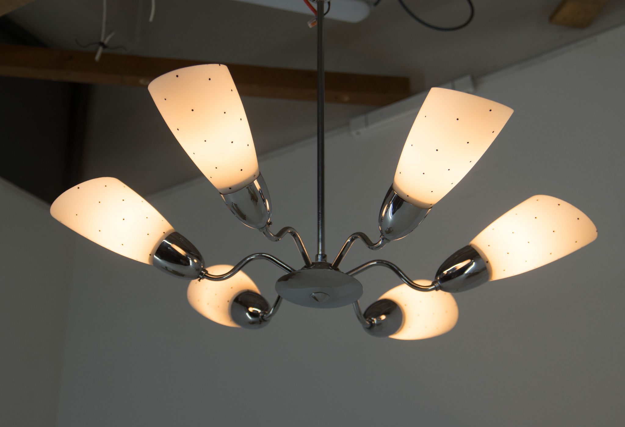 Mid-Century Chrome-Plated 6 Flamming Chandelier by Instala Decin, 1950s