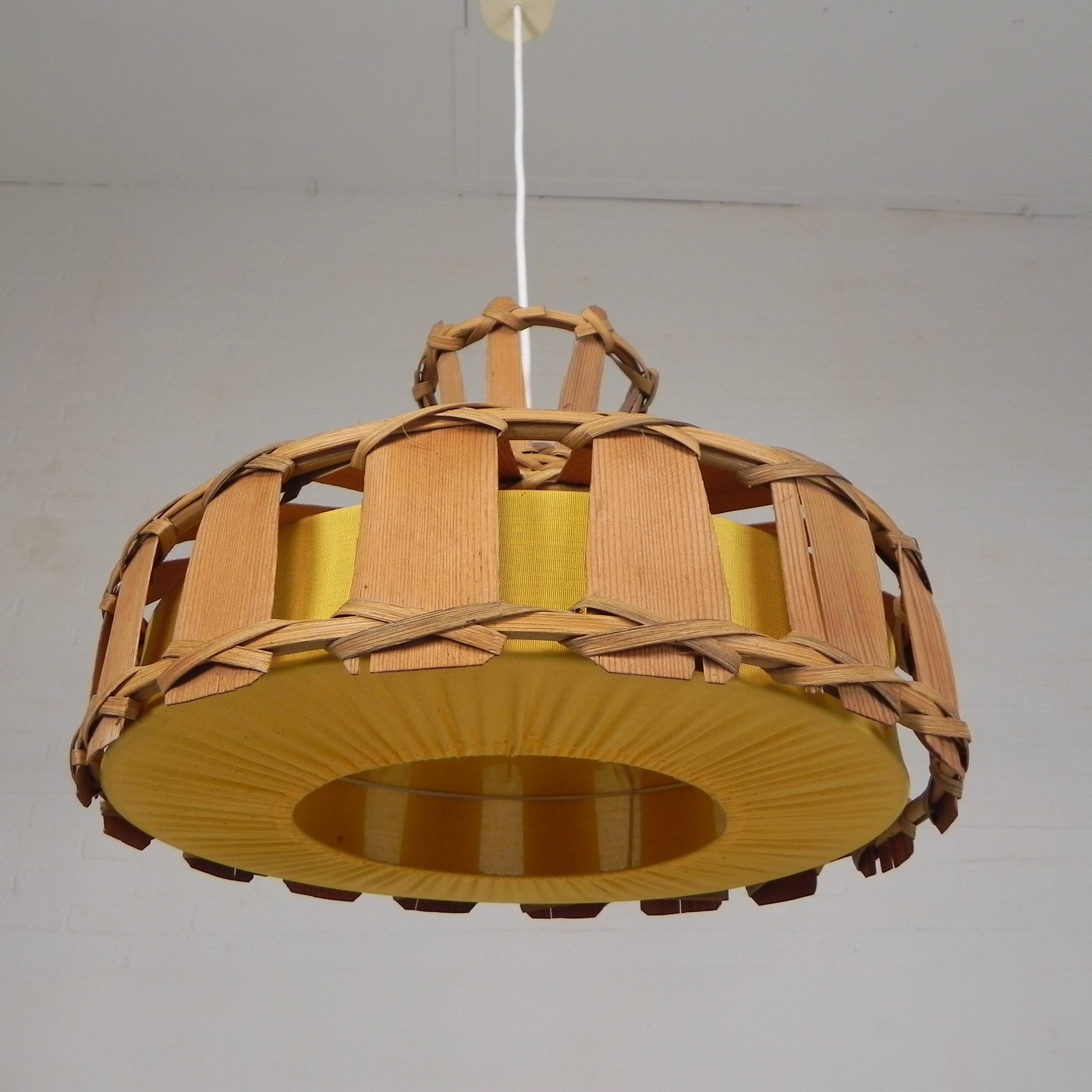Vintage hanging lamp with rattan shade, palm leaf and fabric, 1970s