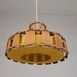 Vintage hanging lamp with rattan shade, palm leaf and fabric, 1970s