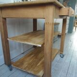 Meuble de métier vintage en chêne sur roulettes, 1 tiroir, 2 tablettes.