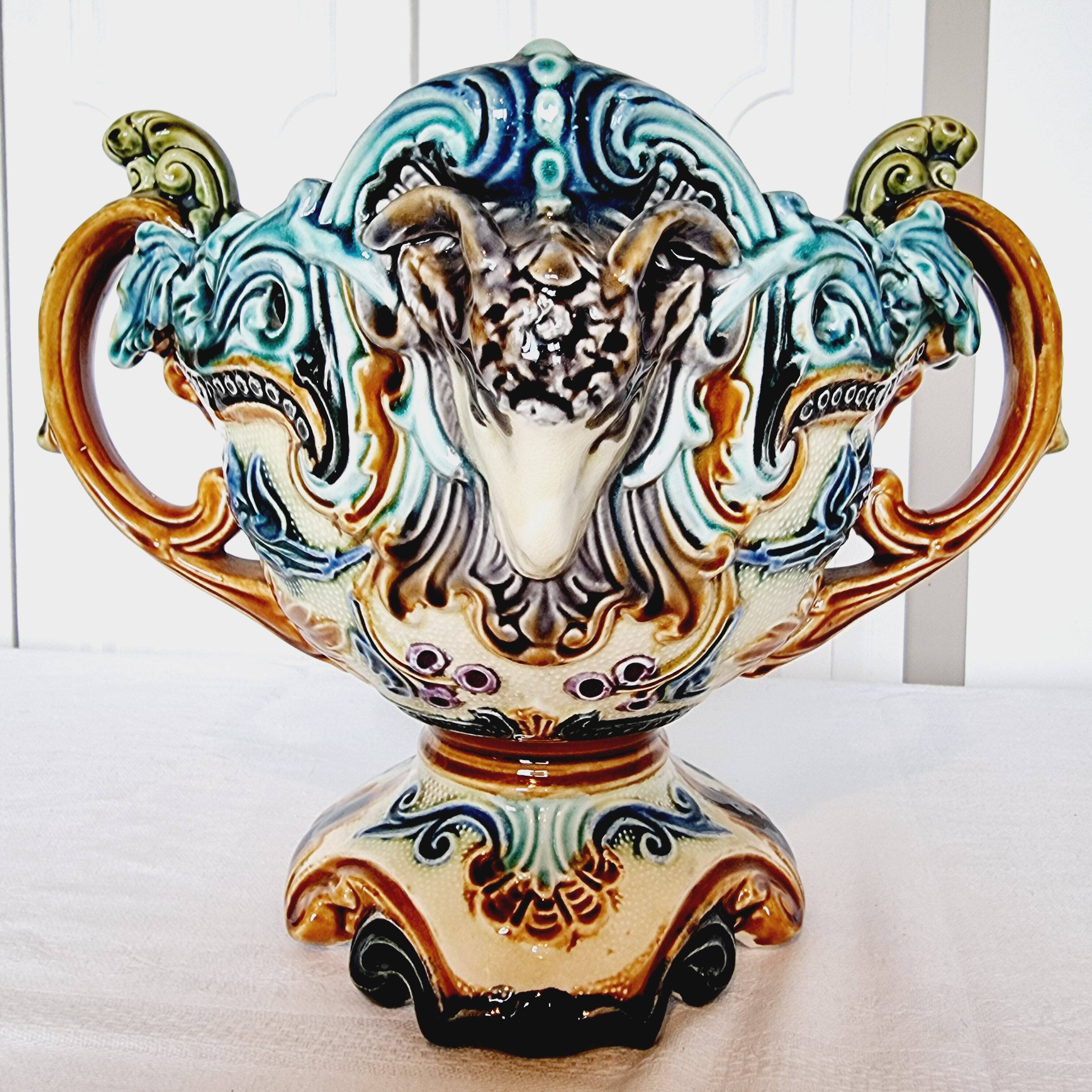 Vase Jardiniere Glass Planter from 1900 Antique Majolica Onnaing Barbonite Collection
