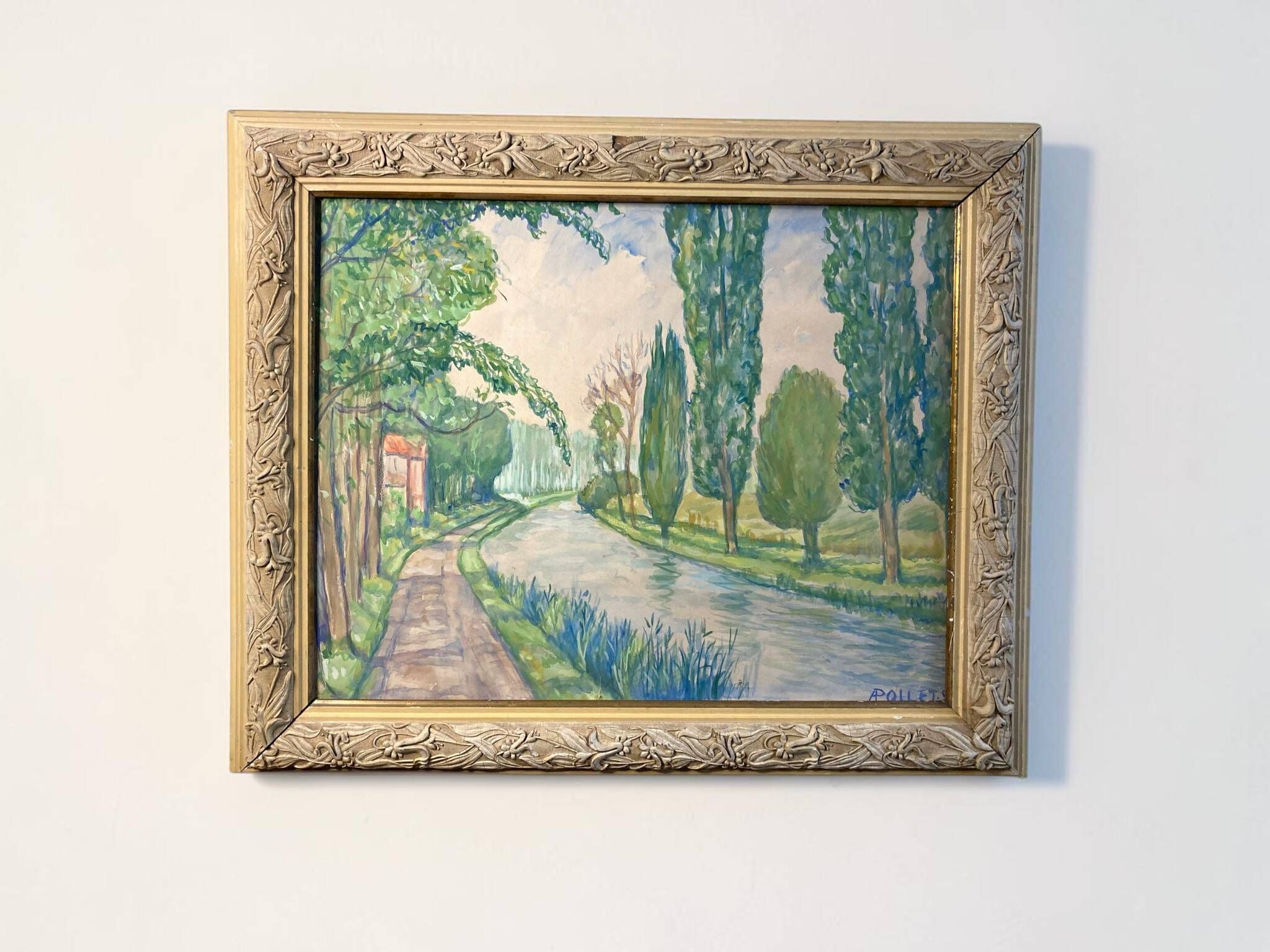 Pollet (a), aquarelle “canal au printemps” signée xxème