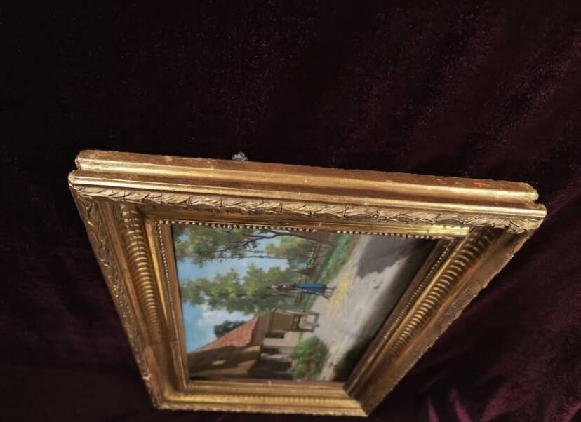 Antique oil painting, french barbizon school, wooden frame