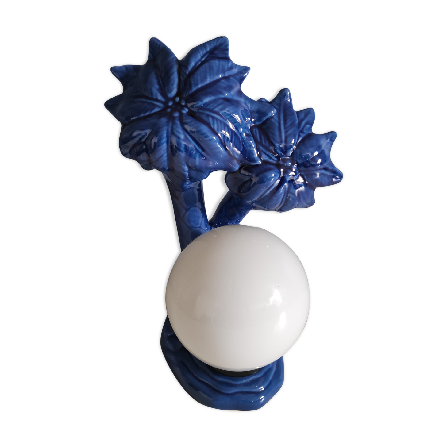 Blue ceramic palm lamp and white opaline globe