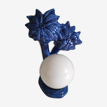 Blue ceramic palm lamp and white opaline globe