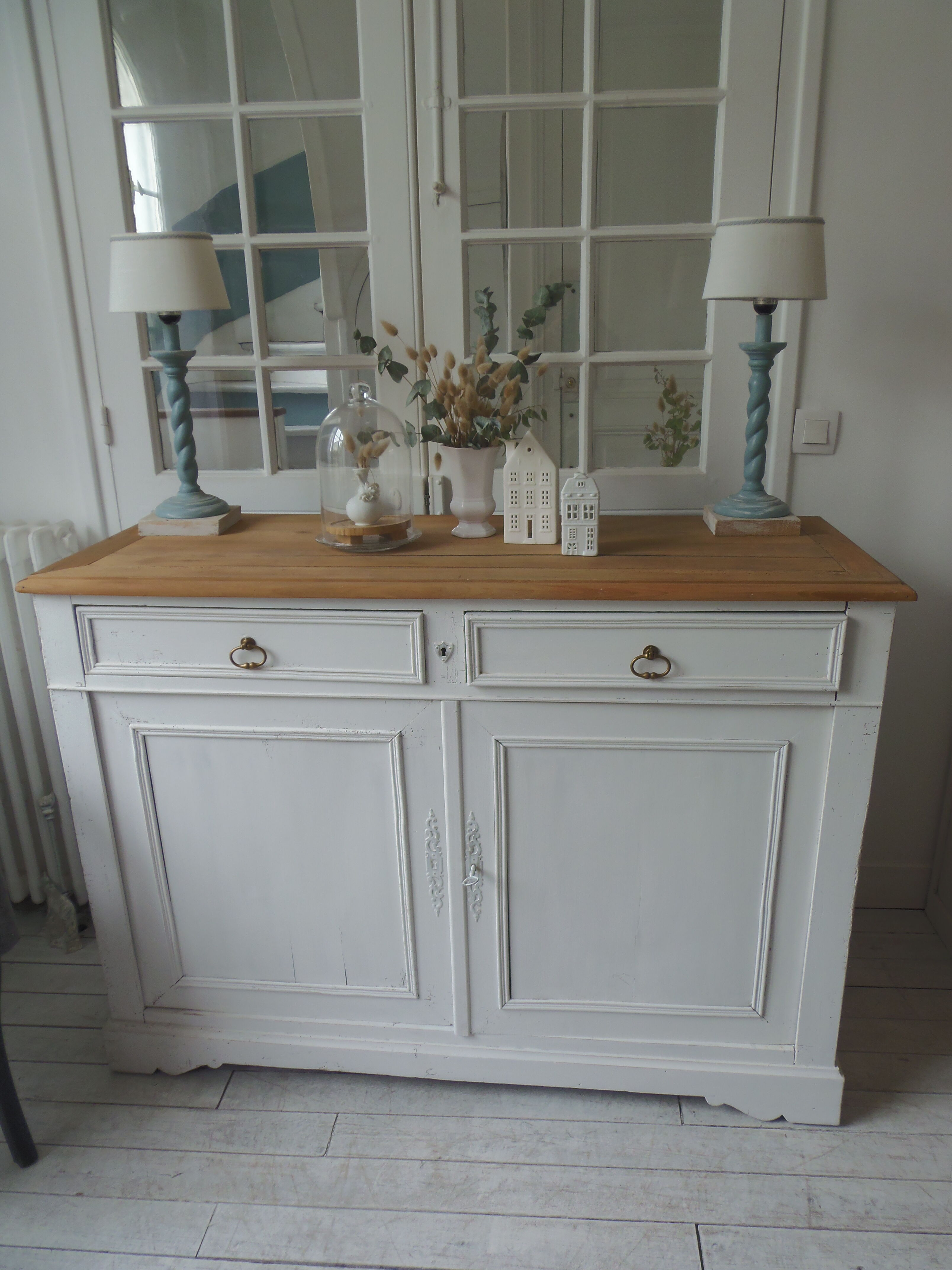 Antique sideboard patinated pearl gray waxed finish, wood top protected by varnish