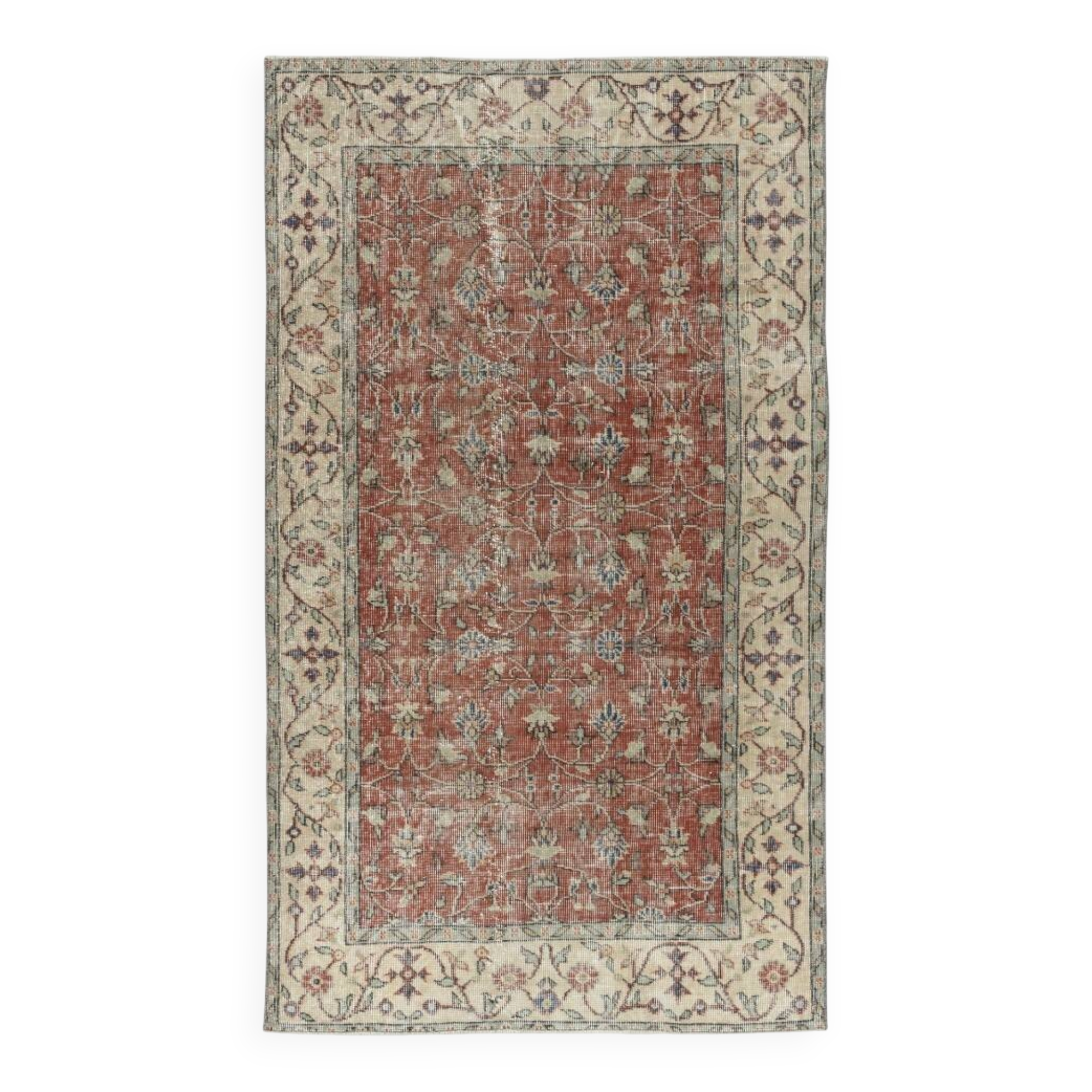 Vintage Handmade Turkish Red Wool Accent Rug with Floral Design for Home and Office Decor