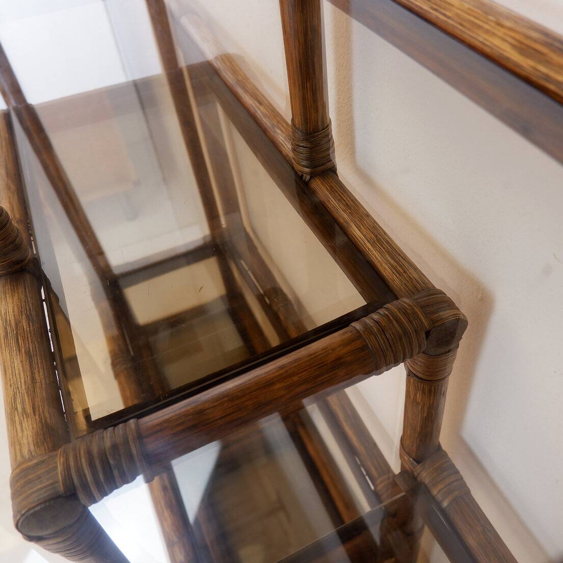 Asymmetrical bamboo and smoked glass shelf - 1970s