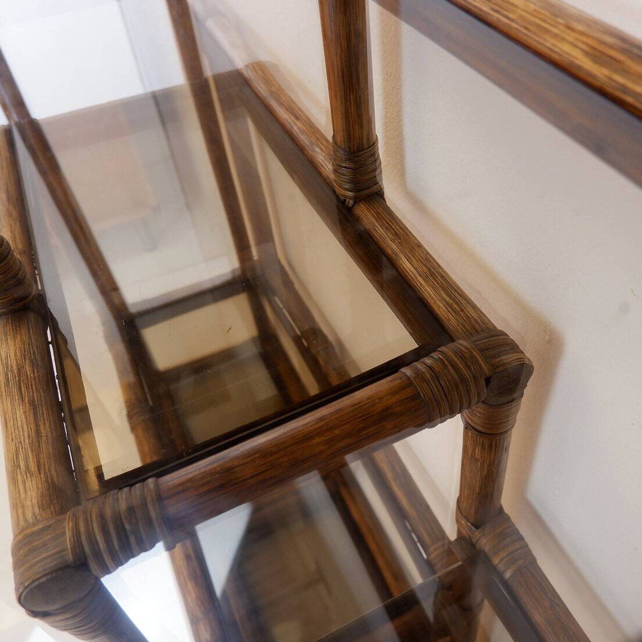 Asymmetrical shelf in bamboo and smoked glass - 1970s