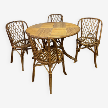 Ensemble table et 4 chaises en bambou et rotin, 1960