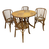 Set of table and 4 chairs in bamboo and rattan, 1960