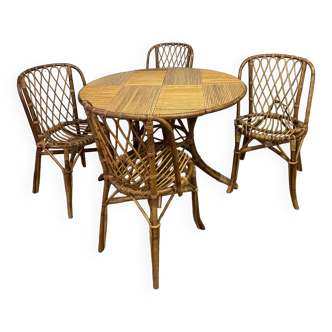 Table and 4 chairs set in bamboo and rattan, 1960