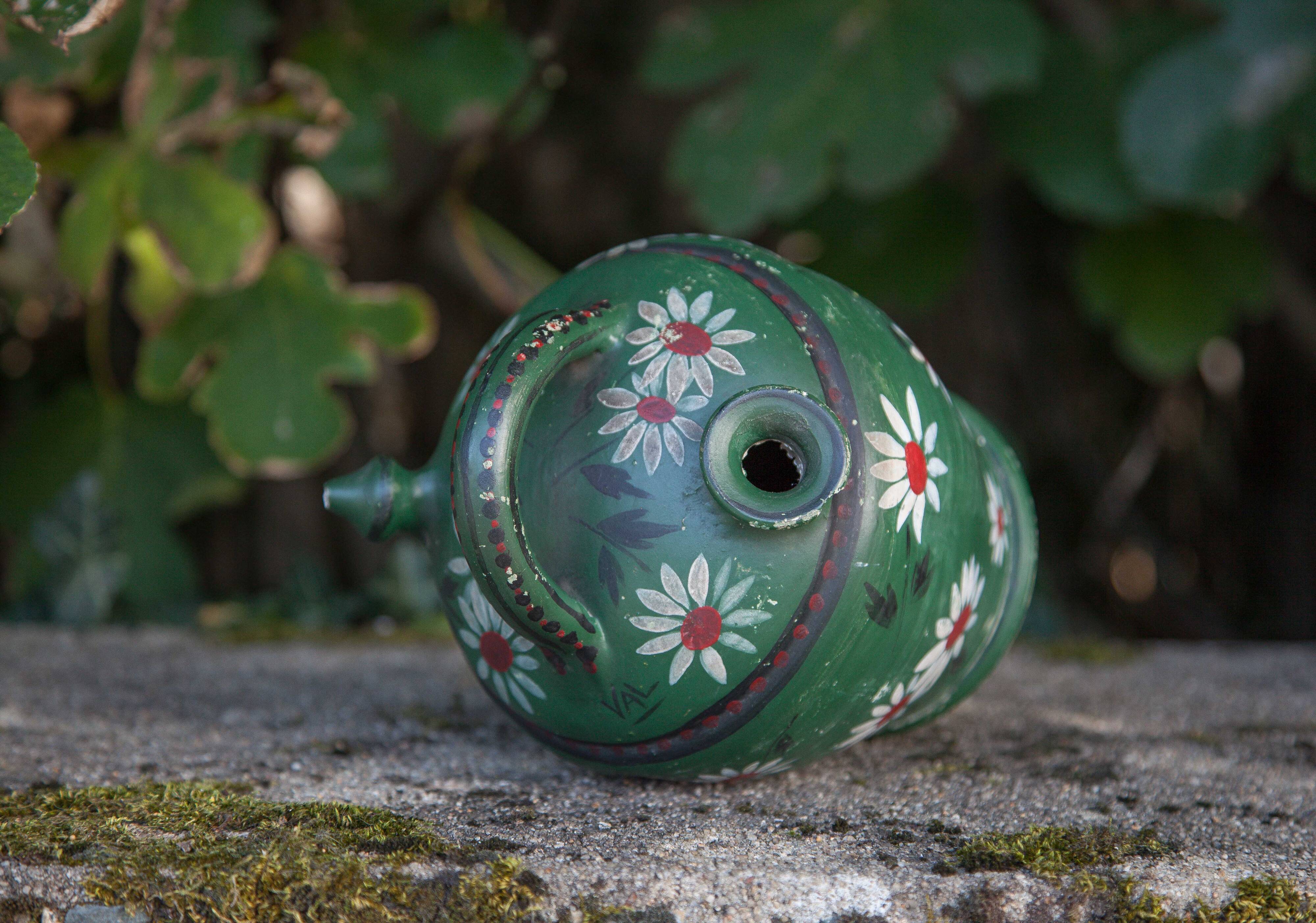 Vintage gargoulette, jug, green painted pitcher with daisy patterns