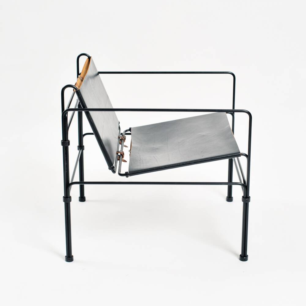 Black modernist design lounge set by Jan van Opzeeland in leather and steel bar, Netherlands, 1980s