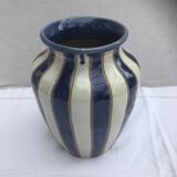 Vase en grès émaillé bleu & blanc signé d