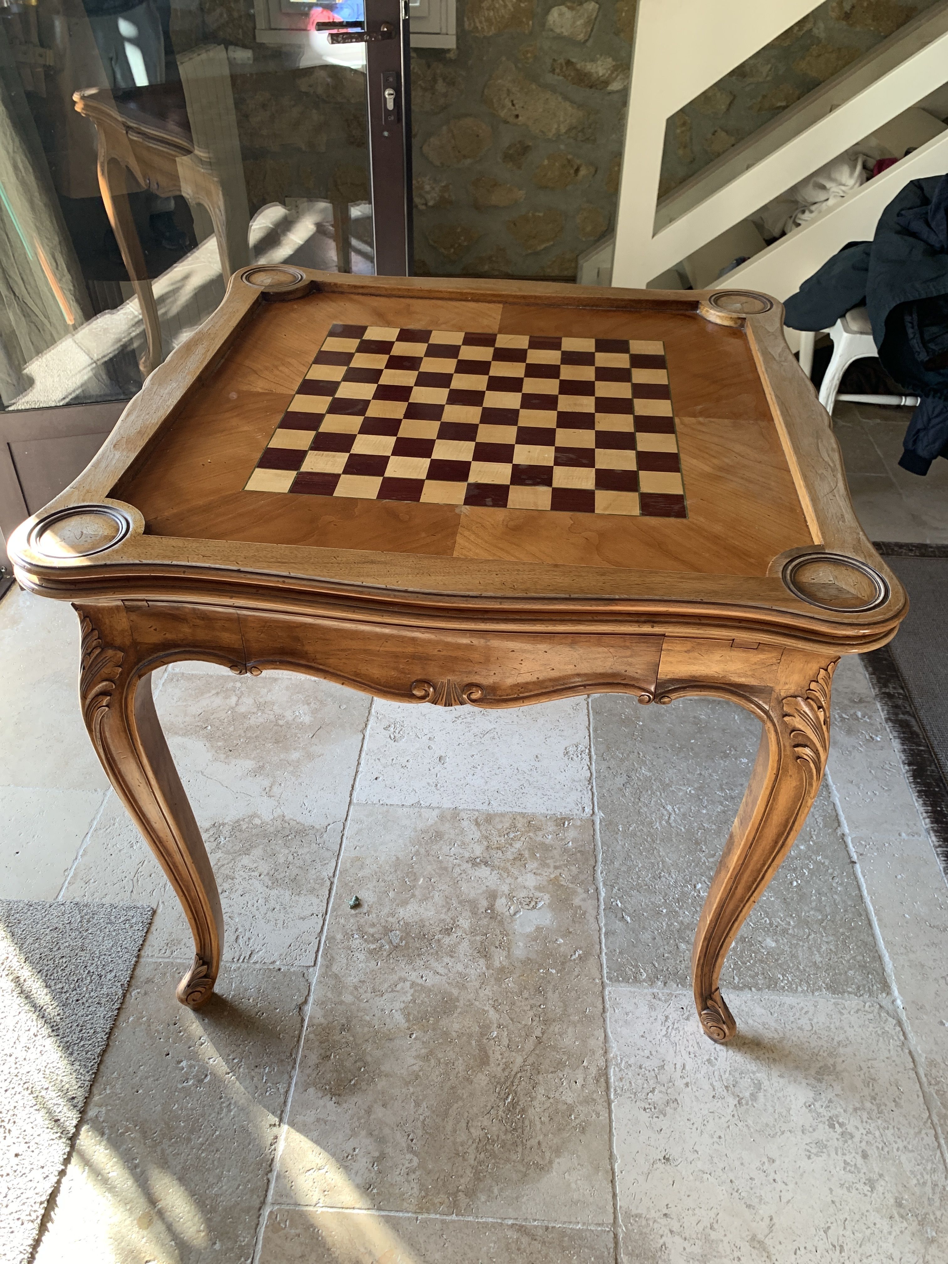 Beautiful extendable table drawers antique unique piece carved wood Chess Games art deco beautiful